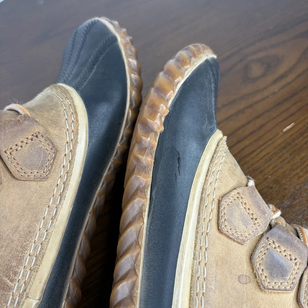 Sorel Out N About Boots Women's 7 Tan Black Nubuck Waterproof Duck Rain Booties